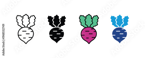 beetroot vegetable with green leaves icon set. Organic root vegetable, healthy agriculture, and vegan food symbols in multiple styles. Vector Illustration.