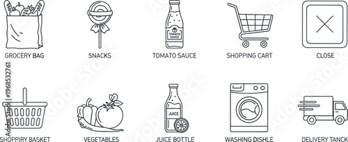 Grocery Shopping Line Icon Set Featuring Grocery Bag Snacks Vegetables Cart Delivery Juice Bottle and Market Symbols