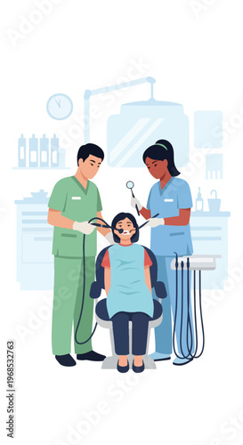 A dental team performs a routine checkup on a patient sitting in a dental chair