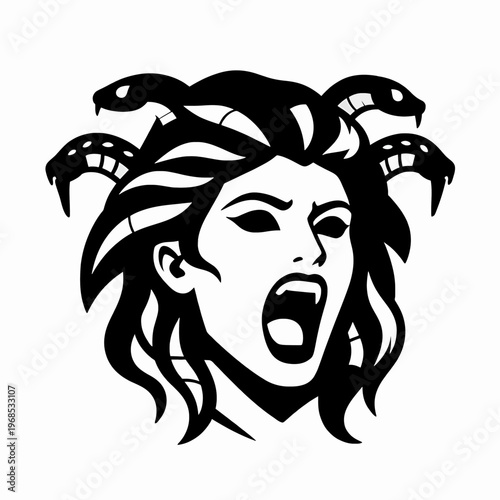 Intense Mythological Medusa Head Vector, Screaming Gorgon Woman with Snake Hair, Angry Female Monster Portrait in Bold Black and White Flat Style, Greek Mythology Character Graphic, Isolated on White