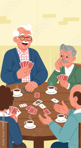 Four elderly men sitting at a wooden table playing cards and drinking hot tea