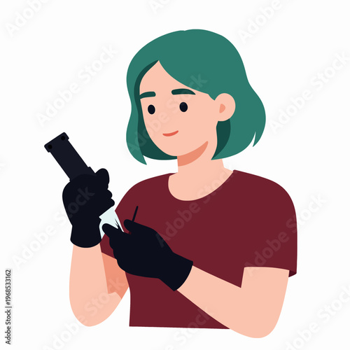 Professional young adult Caucasian woman tattoo artist with green hair and black gloves holding a tattoo machine in a studio, confident female artist at work, flat vector illustration.