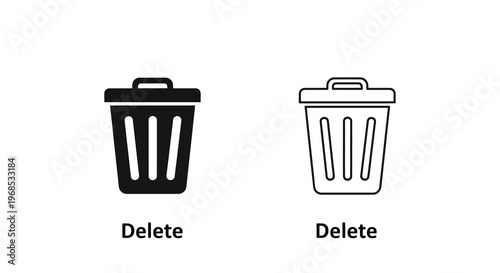 Two trash can icons one filled and one outlined with the word delete