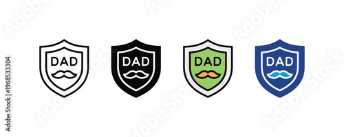 Father's Day safety shield with mustache and DAD text icon set. Paternal protection, superhero dad, and family security symbols in multiple styles. Vector Illustration.