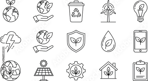 Green energy sustainability outline icon set featuring recycling wind turbine solar power eco protection and environmental symbols