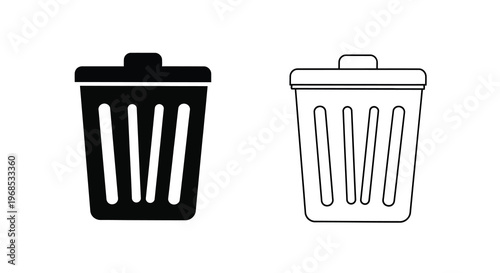 Two black and white trash can icons filled and outlined versions