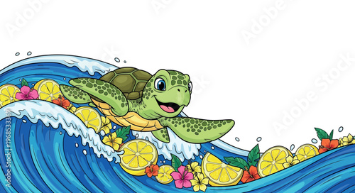 Adorable green sea turtle happily navigating a vibrant blue ocean wave, surrounded by bright yellow lemon slices and colorful tropical hibiscus flowers, perfect for refreshing summer designs