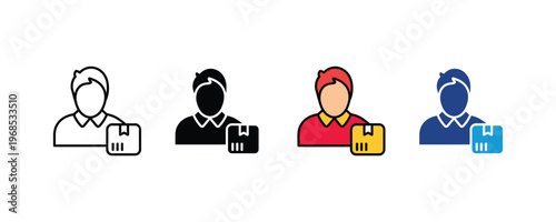 Male delivery man with cardboard parcel box icon set. Logistics courier service and shipping professional symbols in multiple styles. Vector Illustration.