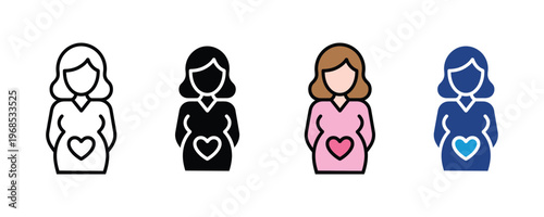Pregnant woman character with heart on belly maternity icon set. Pregnancy healthcare, motherhood expectation, and prenatal care symbols in multiple styles. Vector Illustration.