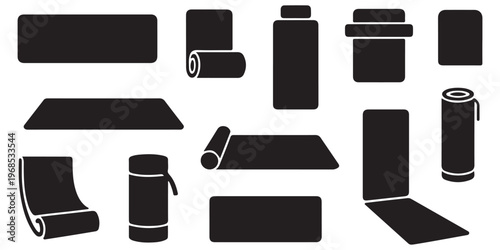 yoga and fitness mats silhouettes set rolled and folded exercise mats icons