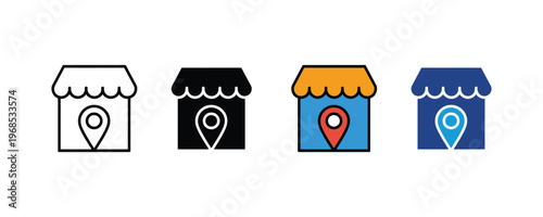 Retail store building with map location pin pointer icon set. Local business finder and shop navigation symbols in multiple styles. Vector Illustration.
