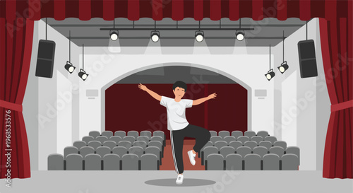 A happy young person dancing on a theater stage in front of empty grey seats