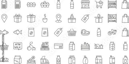 Grocery Retail Line Icon Set Featuring Food Products Shopping Basket Milk Fish Gifts and Store Symbols
