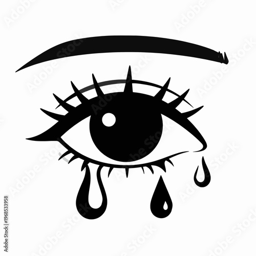 Minimalist flat vector illustration of a single crying eye of a young adult woman, expressive eyelashes and black teardrops, emotional concept of sadness and grief, isolated on white background.