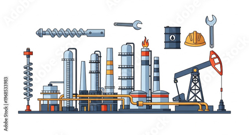 Oil Refinery Plant Illustration with Equipment and Infrastructure.