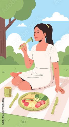 A woman in a white dress enjoys a healthy outdoor picnic under a large tree