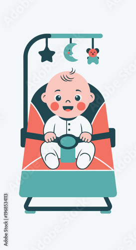 A happy baby sitting in a colorful bouncy chair with a hanging mobile overhead
