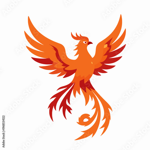 Minimalist flat vector illustration of a single rising phoenix bird with flame wings, symbolic of rebirth and strength, featuring vibrant orange and red tones, isolated on white background.