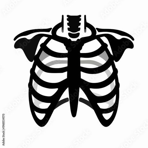 Single black vector illustration of a stylized anatomical rib cage in a dark neo-tribal gothic art style, minimalist skeletal bone graphic for subculture fashion, isolated on a white background.