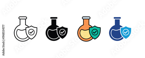 Laboratory flask with safety shield and checkmark protection icon set. Chemical research security and verified formula symbols in multiple styles. Vector Illustration.