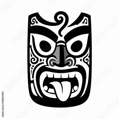 Flat vector illustration of a single Indigenous Maori tiki mask, traditional New Zealand tribal wood carving style with aggressive facial expression, cultural Pacific Island art, isolated.