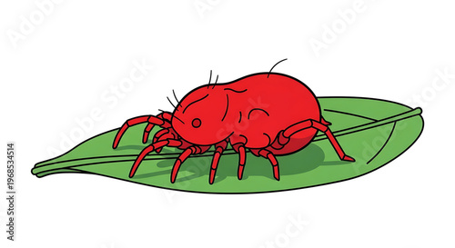 A vibrant red spider mite sitting on a green leaf, illustration for educational or scientific purposes