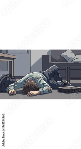 A distressed person lies unconscious on the floor near a briefcase and backpack