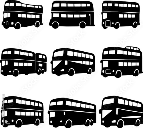 black silhouette double decker bus icons set