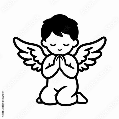 Φωτογραφία Serene White Baby Angel Kneeling in Prayer, Spiritual Flat Vector Illustration o