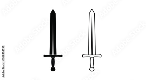 Two black and white illustrations depicting medieval swords on a white background