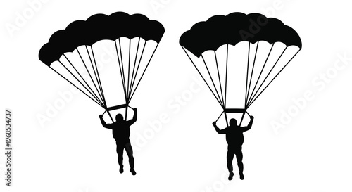 Two skydivers in silhouette descending with open parachutes above