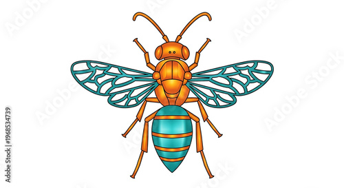 A colorful vector illustration of a wasp with teal wings and orange body