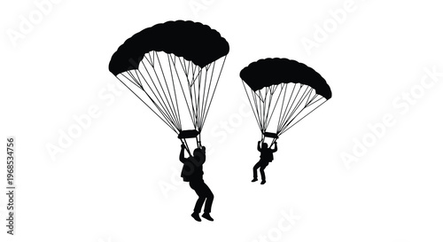 Two skydivers silhouetted against a stark white background descending