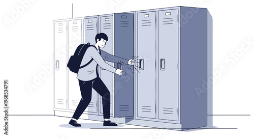 A student wearing a backpack uses a small tool to force open a metal locker door