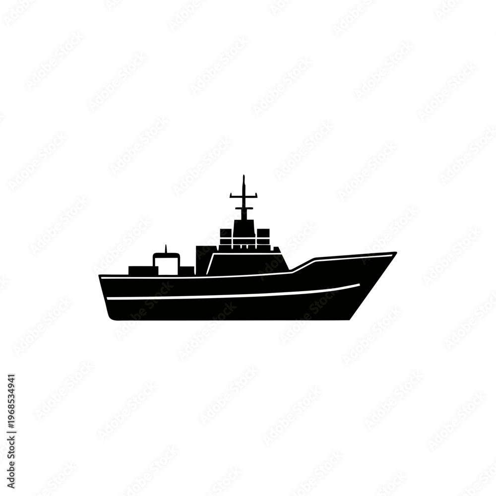 Fototapeta premium A sleek naval vessel sailing on calm waters in monochrome silhouette