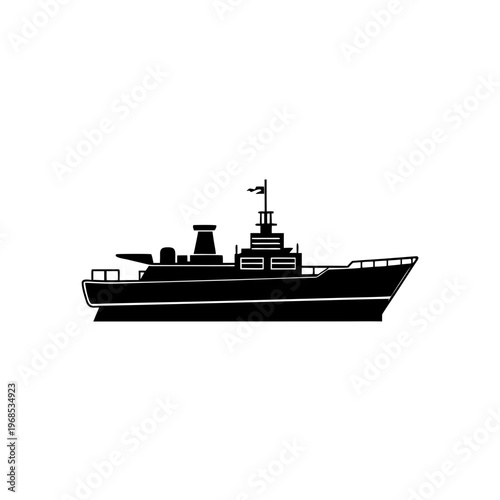 A sleek naval vessel sailing on calm waters with visible antennas and equipment
