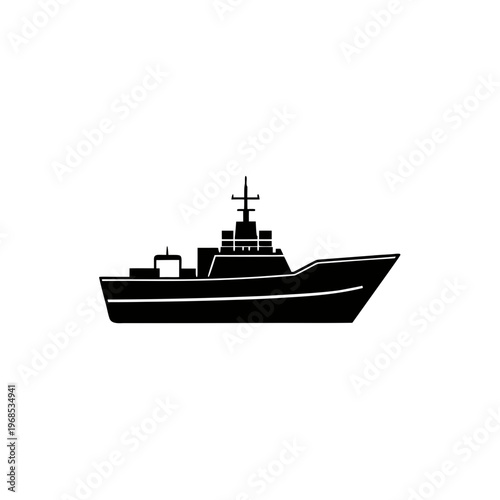 A sleek naval vessel sailing on calm waters in monochrome silhouette
