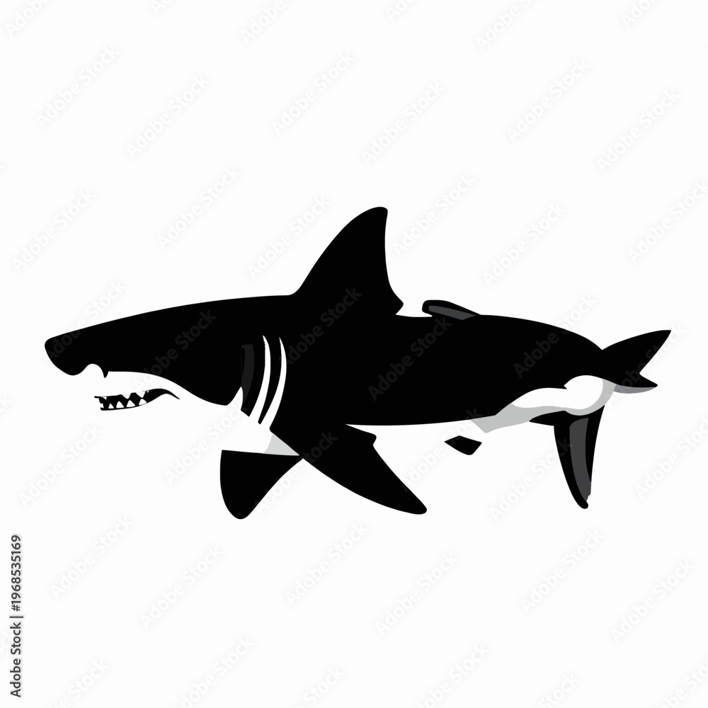 Obraz premium Minimalist Black Silhouette of a Single Great White Shark in Dynamic Swimming Pose, Flat Vector Illustration of a Powerful Marine Predator Isolated on White Background for Logo or Graphic Design