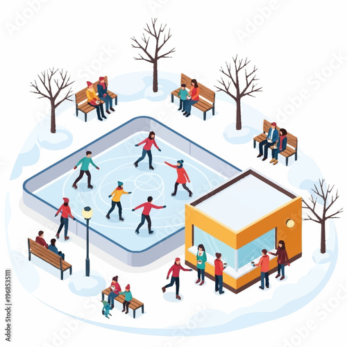 Winter Ice Skating Rink with People Enjoying Outdoor Activity.