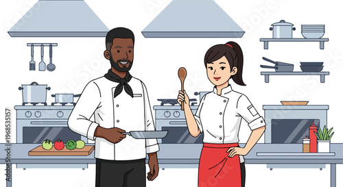 A man and a woman in chef uniforms posing together in a commercial kitchen room