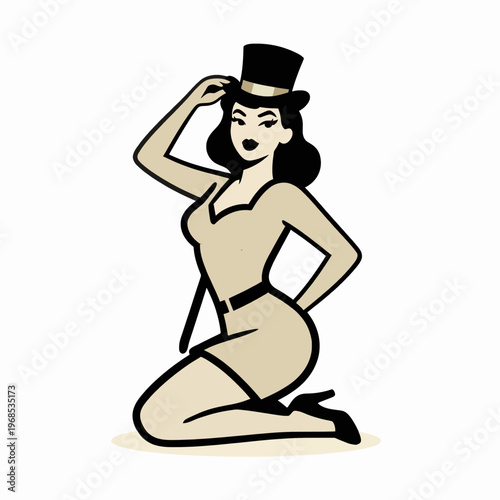 Vintage Pin-up Woman in Circus Ringmaster Outfit and Top Hat, Retro Style Flat Vector Illustration of an Adult Caucasian Female Performer, Elegant Minimalist Graphic Isolated on White.