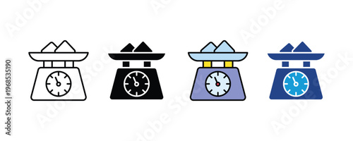 Kitchen weighing scale with measuring dial and weight plates icon set. Domestic food measurement and cooking portion control symbols in multiple styles. Vector Illustration.