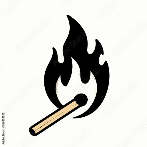 Minimalist flat vector illustration of a single burning matchstick with flickering flames, vintage hand-drawn style, conceptual symbol of inspiration and heat isolated on white background