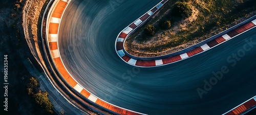Aerial view of a winding road with red and white checkered guardrails