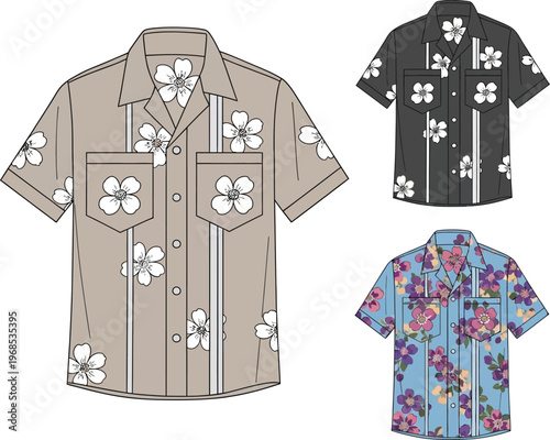 Three stylish short-sleeved button-up shirts with distinct floral and abstract designs