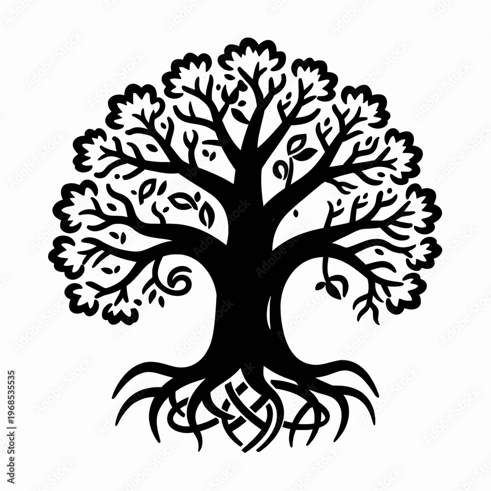 Obraz premium Symmetrical Flat Vector Illustration of a Single Celtic Tree of Life with Intricate Branches and Roots, Minimalist Black and White Nature Concept for Spiritual and Cultural Design