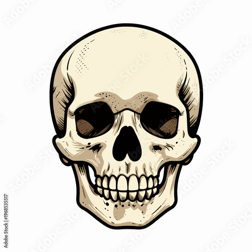 A detailed flat vector illustration of a single human skull in a vintage woodcut style, featuring dark occult aesthetics and intricate black ink stippling, isolated on a white background.