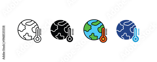 Global warming earth with thermometer icon set. Climate change and planetary temperature rising symbols in multiple styles. Vector Illustration.