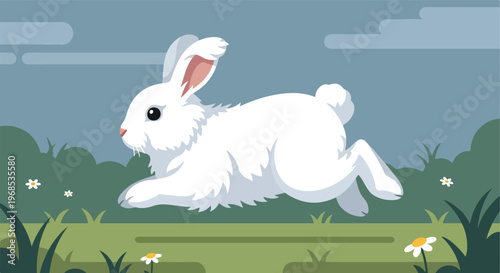 A fluffy white bunny rabbit leaps through a grassy meadow with small wildflowers