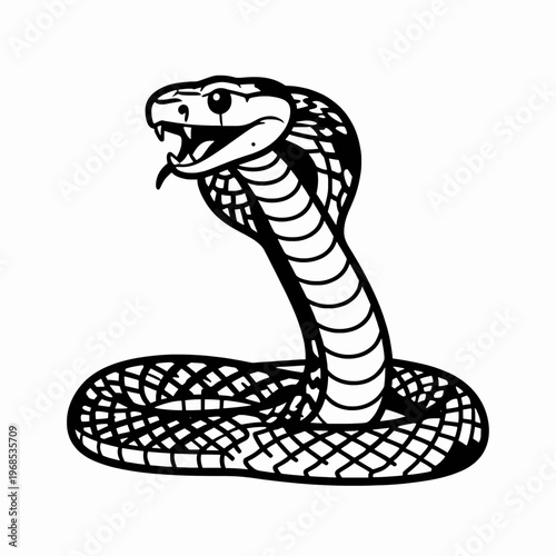 Minimalist flat vector illustration of a single coiled viper snake with open fangs, dangerous black and white reptile graphic for tattoo or logo design concept isolated on white background